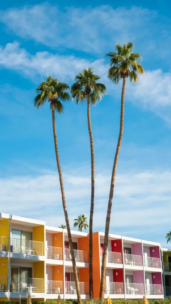 Palm trees swaying next to a trendy motel